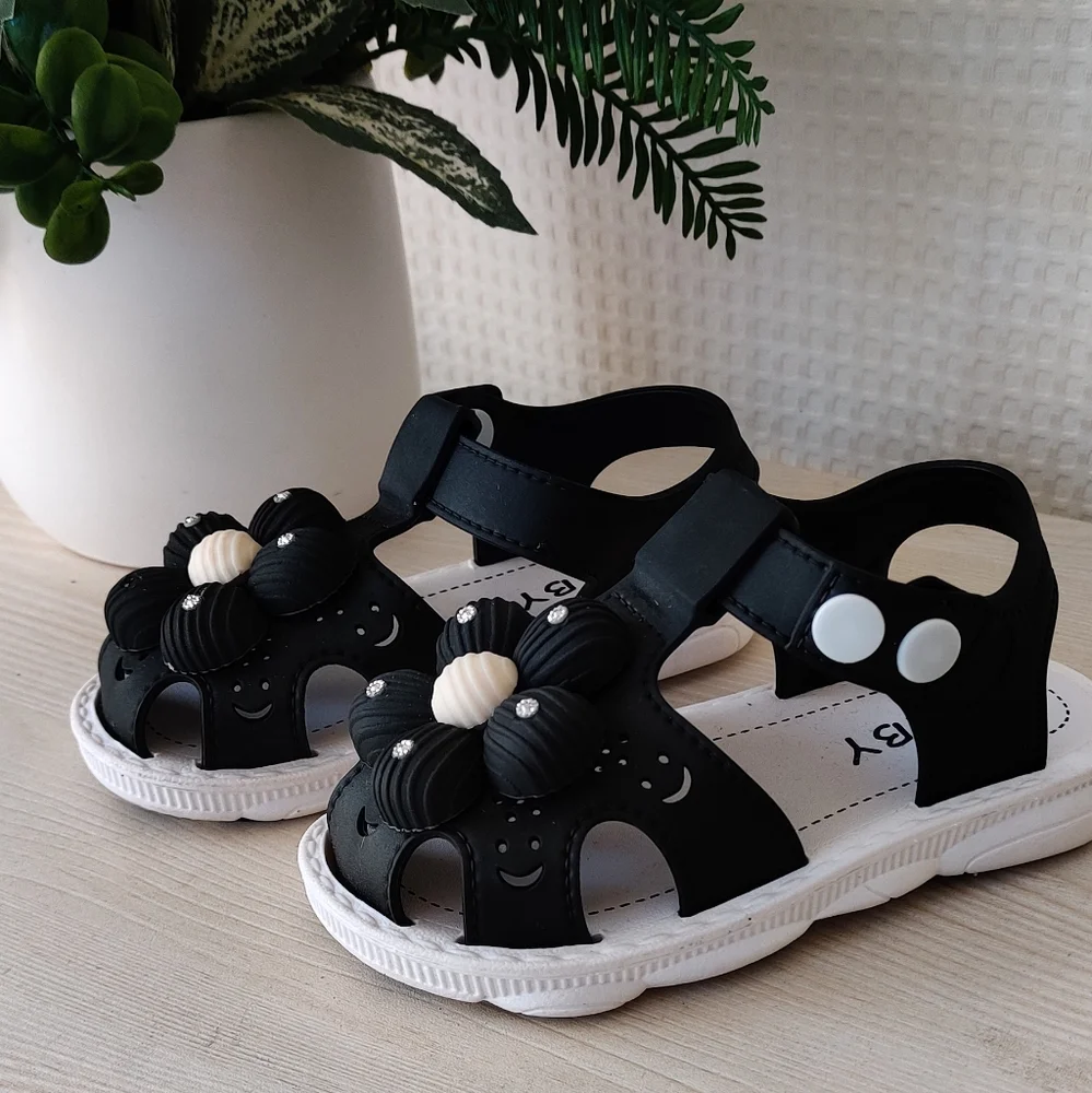 Baby Girls 3d Flower Black Closed Toe Ankle Strap Sandals Toddler 8.5